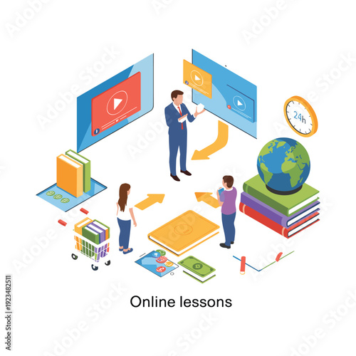 Online Education and E-Learning Concept Illustration with Teacher and Students in Virtual Classroom
