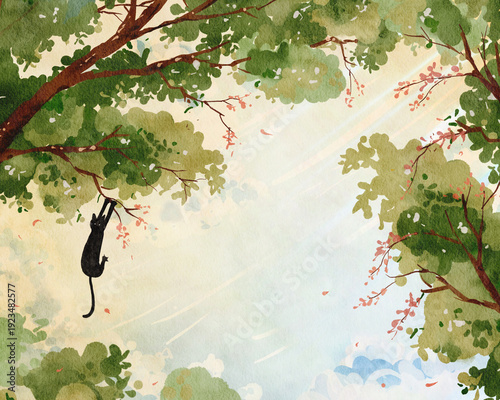 Tableau sur toile Watercolor illustration of black cat hanging from tree branch in sunny spring forest