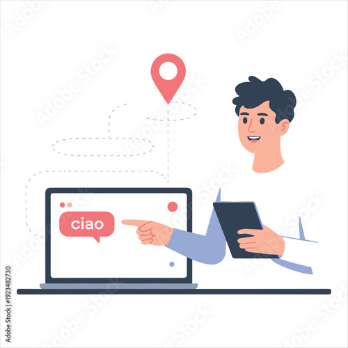 Flat Vector Illustration of Online Language Learning and Translation Concept with Laptop and Location Pin