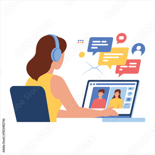 Flat Vector Illustration of Woman Attending Online Video Conference with Chat Messages and Headset