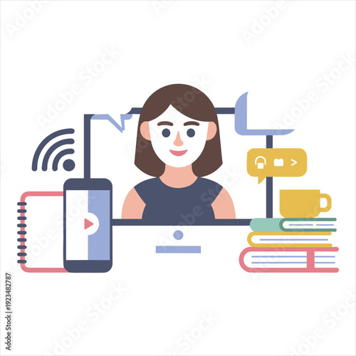 Online Learning and Webinar Concept with Female Instructor, Computer and Digital Education Elements Illustration