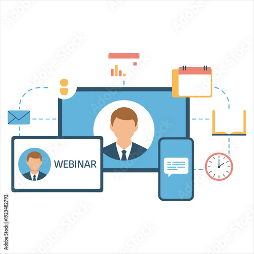Webinar Concept Illustration with Online Presentation, Virtual Meeting and Digital Devices