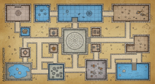 Detailed map of a dungeon with various rooms and corridors for exploration and adventure.