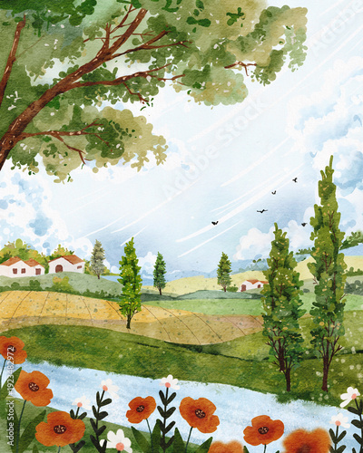 Watercolor countryside landscape with green hills, trees, river and small houses under blue sky. Peaceful rural scenery illustration with spring flowers, nature background and pastoral village view.