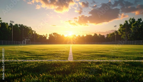 Empty soccer field at golden hour with sun rays breaking through clouds.
