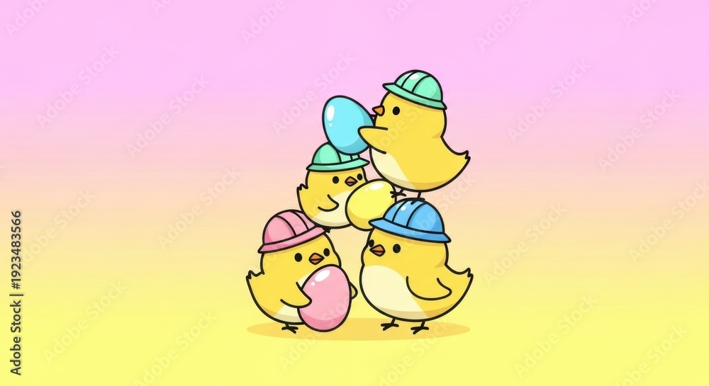 Naklejka premium The Chick Construction Team: A cheerful group of adorable chicks, each donning a tiny construction hat, work together to balance colorful eggs, evoking a sense of teamwork and springtime delight.