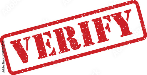 Red textured rubber stamp impression with the word VERIFY boldly displayed on a clear white background