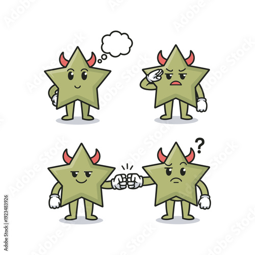 Cartoon stars with devil horns shaking hands in a confusing business deal with thought bubbles