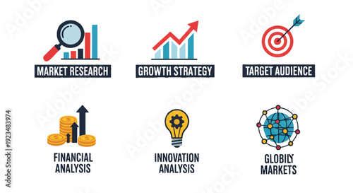 Business marketing strategy icons for research, growth, finance, innovation, and global markets