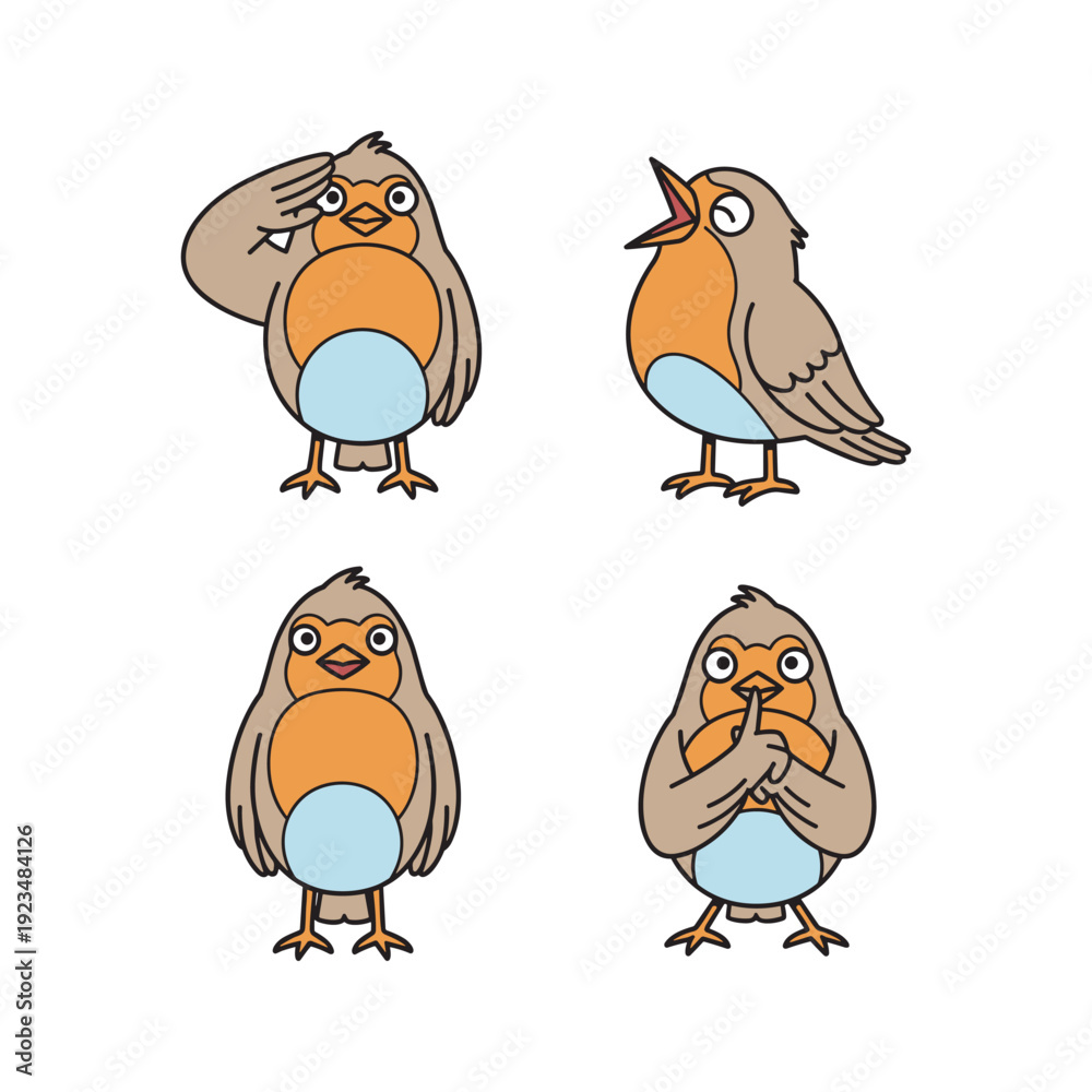 Obraz premium Cartoon birds showing emotions on white background with copy space