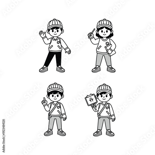 Cartoon tourists exploring with maps and cameras in travel style