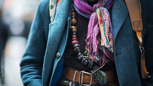 A fashion enthusiast showcases their unique style with a vibrant scarf and layered necklaces. The bustling city backdrop blends modernity and creativity, highlighting individuality 