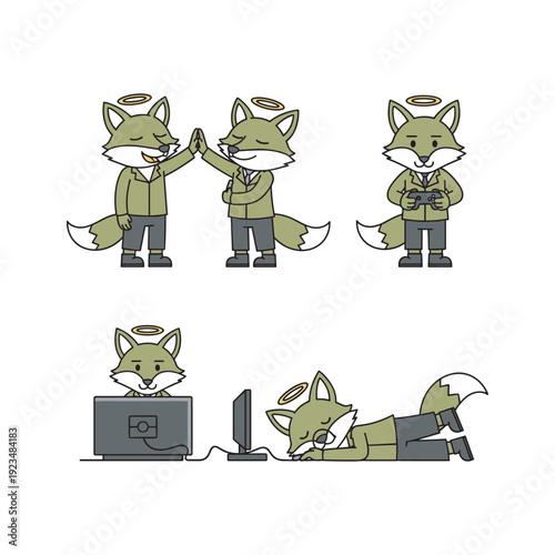 Cartoon fox characters working and relaxing in modern office with copy space