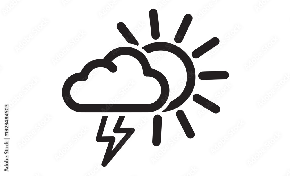 Fototapeta premium Black outline icon showing a cloud with lightning and a partially visible sun representing stormy weather conditions