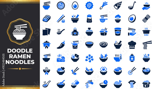 Ramen Noodle Duotone Vector Icons — Japanese Food, Bowl, Chopsticks, Soup, Broth, Nori, Chashu, Topping, Asian Restaurant Menu, Food Delivery — App UI Set