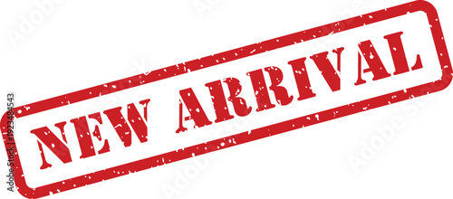 Textured red rubber stamp displaying the important words NEW ARRIVAL on a crisp white surface