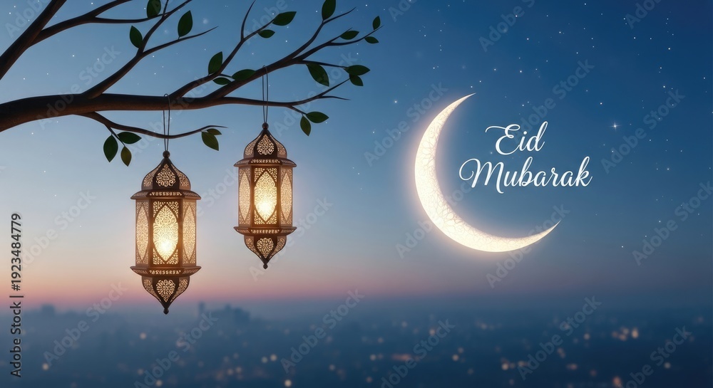 Naklejka premium Eid mubarak wishes with lanterns and crescent moon on a ramadan night