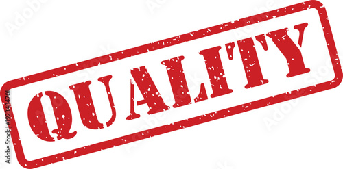 Textured red rubber stamp displaying the word quality in a bold typeface on a clean white background