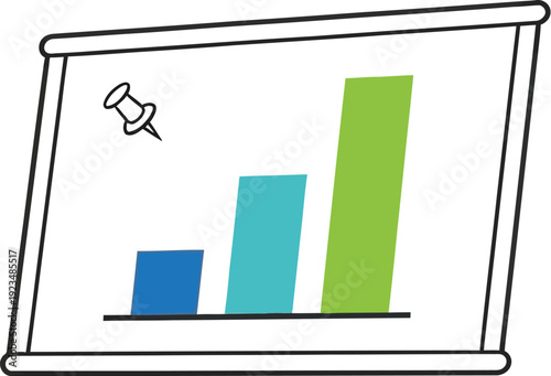 Three ascending vertical bars on a presentation board show incremental growth metrics with a pushpin nearby.