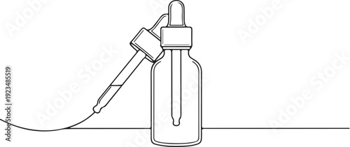 Black and white line of a glass dropper bottle with liquid and pipette glass bottle serum