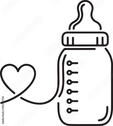 Black outline baby bottle with measurement markings and a heart symbol connected by a line feeding bottle