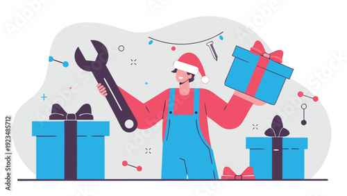 Festive male worker in Santa hat holds wrench and gift, standing among other wrapped presents on light background.