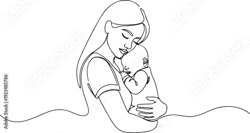 Continuous line of a mother holding a baby tenderly child infant