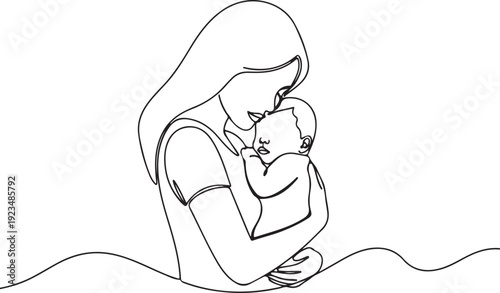 Continuous line of a mother holding a baby tenderly embrace love