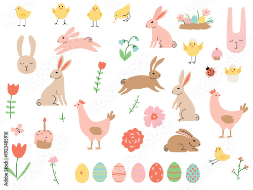 Set of cute Easter cartoon characters and design elements. Easter bunny, chickens, eggs, and flowers. Vector illustration.