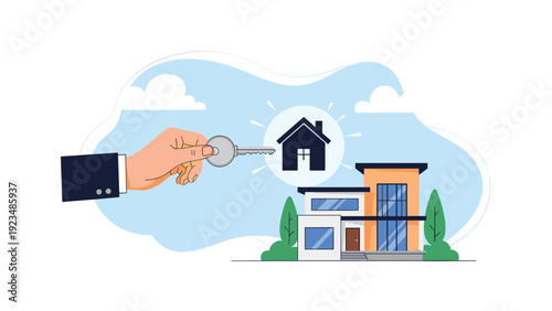 Hand of a real estate agent holding a metal key in front of a beautiful modern luxury villa during a sunny day with blue sky.