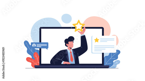 Professional businessman appearing from a laptop screen and reaching out to place a golden star for high quality rating and customer feedback.
