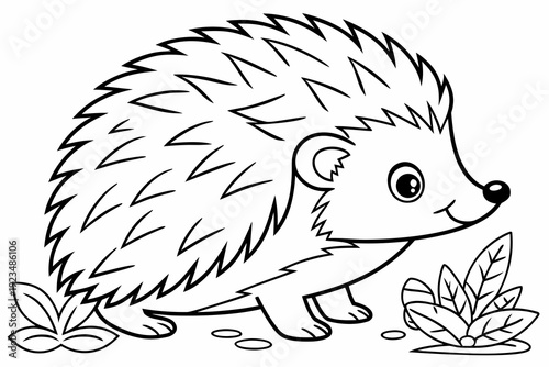 Single cute baby hedgehog coloring book page, one large centered object only, black and white vector line art, bold clean outlines, no shading, no grayscale, no background, white background only, prin