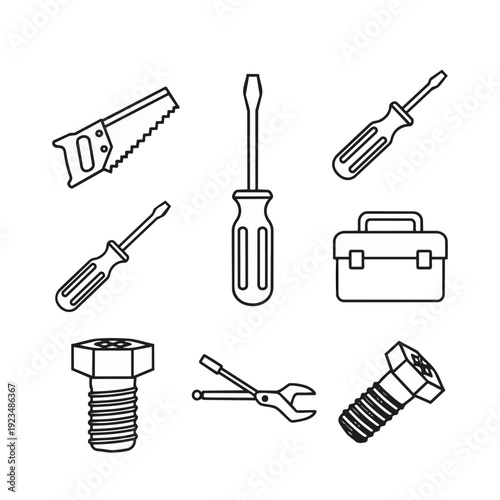 Collection of outline construction tools, hardware, and toolbox icons for repair and diy projects