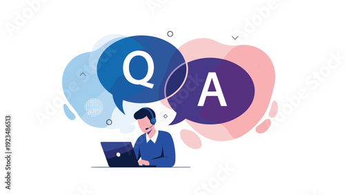 Support agent wearing a headset working on his laptop with large Q and A speech bubbles floating in the background for help.