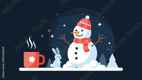 Friendly snowman standing next to a small blue rabbit and a cup of steaming hot cocoa with a snowflake design on a dark winter night.