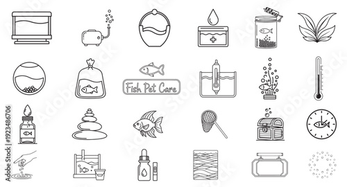 Fish Pet Care Line Editable Icons Set – Aquarium Equipment and Accessories Outline Vector Collection