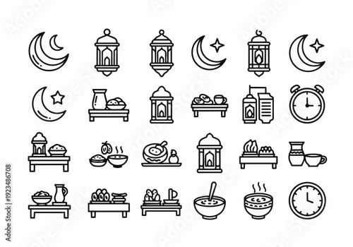 Ramadan fasting and celebration line icons set featuring crescent moon, star, lanterns, food dishes, and timekeeping elements