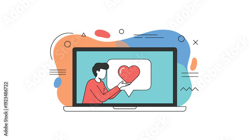 Person appearing from a laptop screen and holding a red heart icon inside a speech bubble to show love and support for online community.