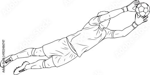 Soccer goalkeeper diving to catch ball in outline catching