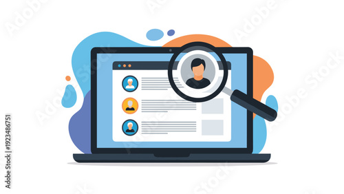 Laptop computer showing a website with human profile cards and a magnifying glass focusing on a specific candidate for a new job.