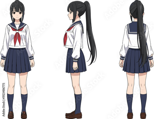 Vector illustration of anime schoolgirl in sailor uniform with ponytail hairstyle, multiple turnaround views, character design decorative motifs