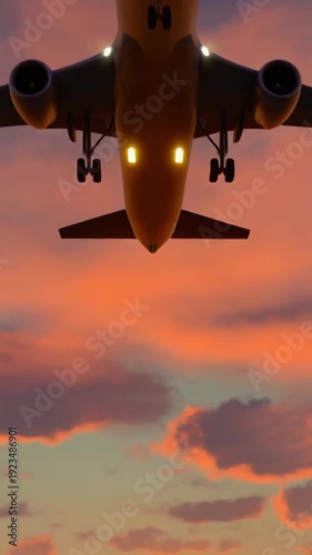 3D ultra-realistic animation of a commercial jet airplane landing against a vibrant sunset s 