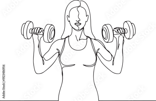 Woman lifting dumbbells in continuous line style exercise fitness