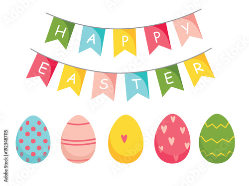 Simple Happy Easter card with easter garland and eggs.