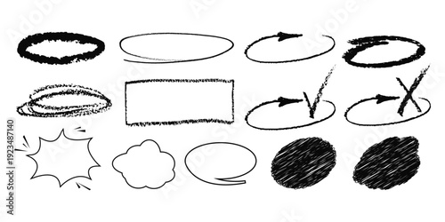 Hand drawn crayon box frame with black pen border and doodle rectangle shape. Dialogue cloud shapes, cartoon crayon communication frame, text box 