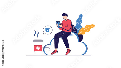Freelance worker sits on a digital cloud using a tablet to stay productive and connected while enjoying a cup of coffee in a relaxed environment.