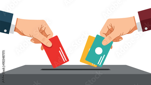 Citizens participate in a democratic election by casting their votes with colored cards into a secure ballot box for a fair political process.