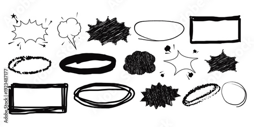 Hand drawn crayon box frame with black pen border and doodle rectangle shape. Dialogue cloud shapes, cartoon crayon communication frame, text box 