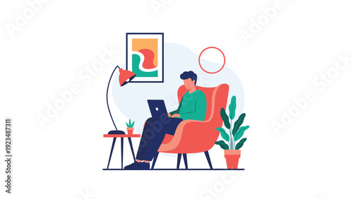 Remote employee works comfortably from home in a cozy armchair using a laptop to complete professional tasks and stay connected with the office.