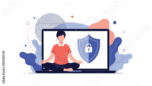 Cyber security professional focuses on mental health and data protection shown by a person in a yoga pose next to a secure lock and shield icon.